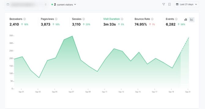 Een screenshot van een dashboard met bezoekers analyse van een website